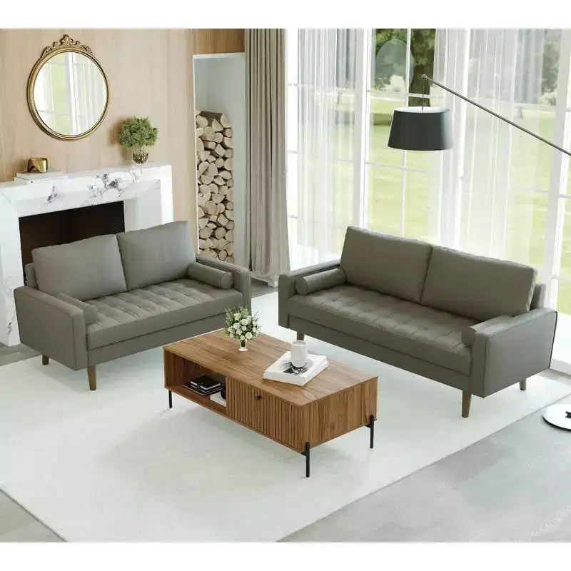 Divano e divanetto Luige a 2 posti in similpelle, con braccioli quadrati, in stile moderno di metà secolo - Tree City