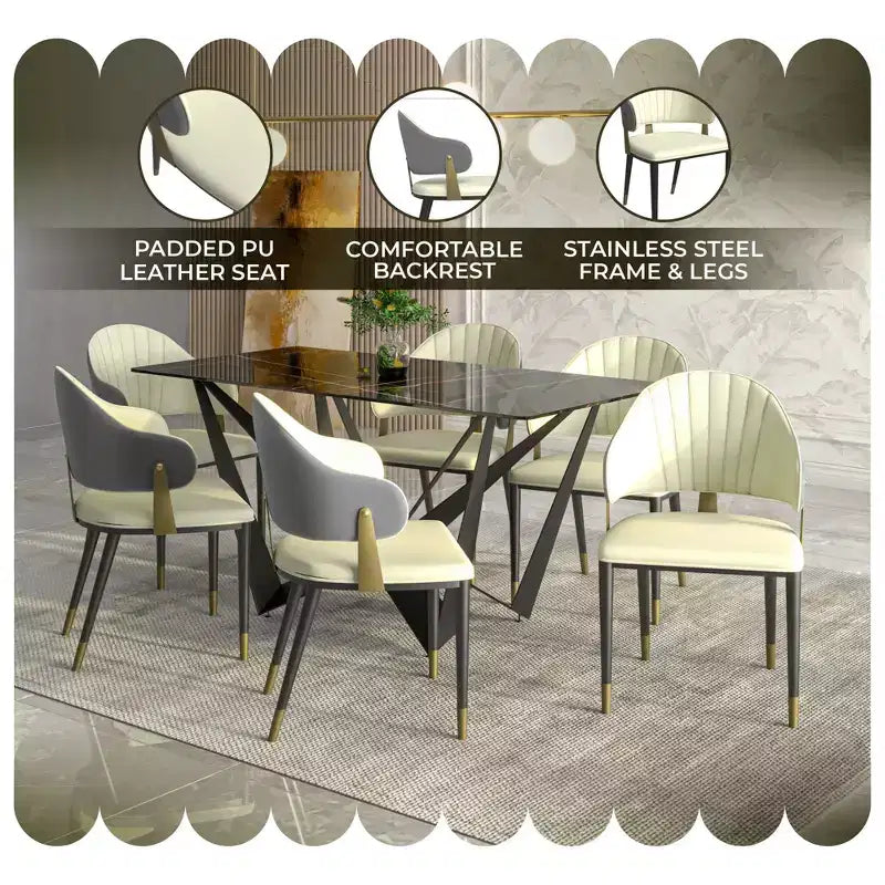 LeisureMod Aria Sedie da pranzo moderne set da 4, rivestite in pelle PU, gambe in metallo, sedute comode per cucina e sala da pranzo
