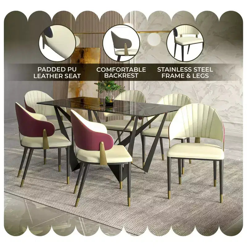 LeisureMod Aria Sedie da pranzo moderne set da 4, rivestite in pelle PU, gambe in metallo, sedute comode per cucina e sala da pranzo