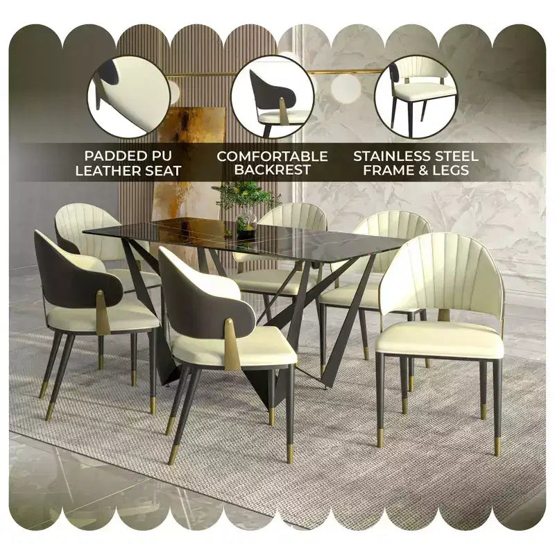 LeisureMod Aria Sedie da pranzo moderne set da 4, rivestite in pelle PU, gambe in metallo, sedute comode per cucina e sala da pranzo