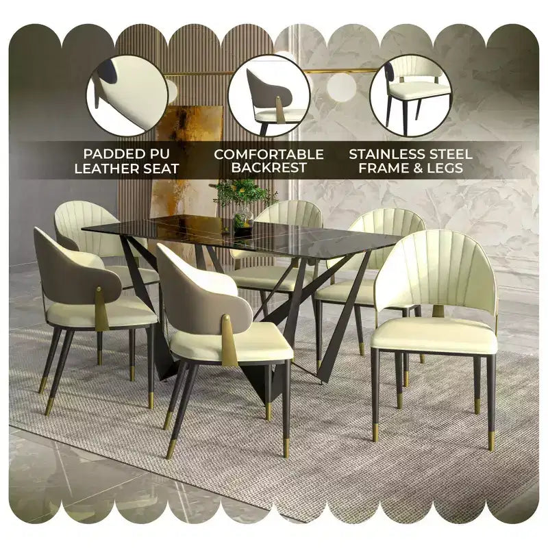 LeisureMod Aria Sedie da pranzo moderne set da 4, rivestite in pelle PU, gambe in metallo, sedute comode per cucina e sala da pranzo
