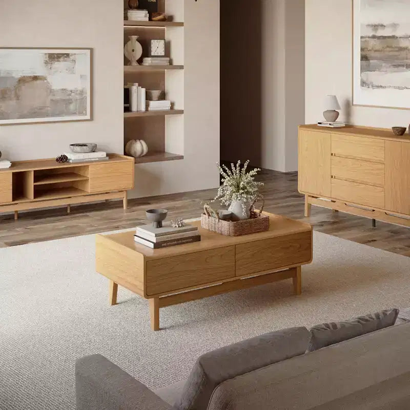 LuxenHome Tavolino da Caffè Moderno di Metà Secolo con Contenitore, Tavolo Rettangolare da 47 Pollici in Legno di Quercia Summer per Soggiorno, Casa e Ufficio Marrone