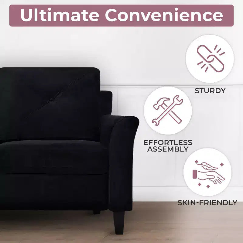 Divanetto con bottoni a capitonné nero, divano conveniente in microfibra per piccoli spazi, mobili moderni e resistenti per soggiorno