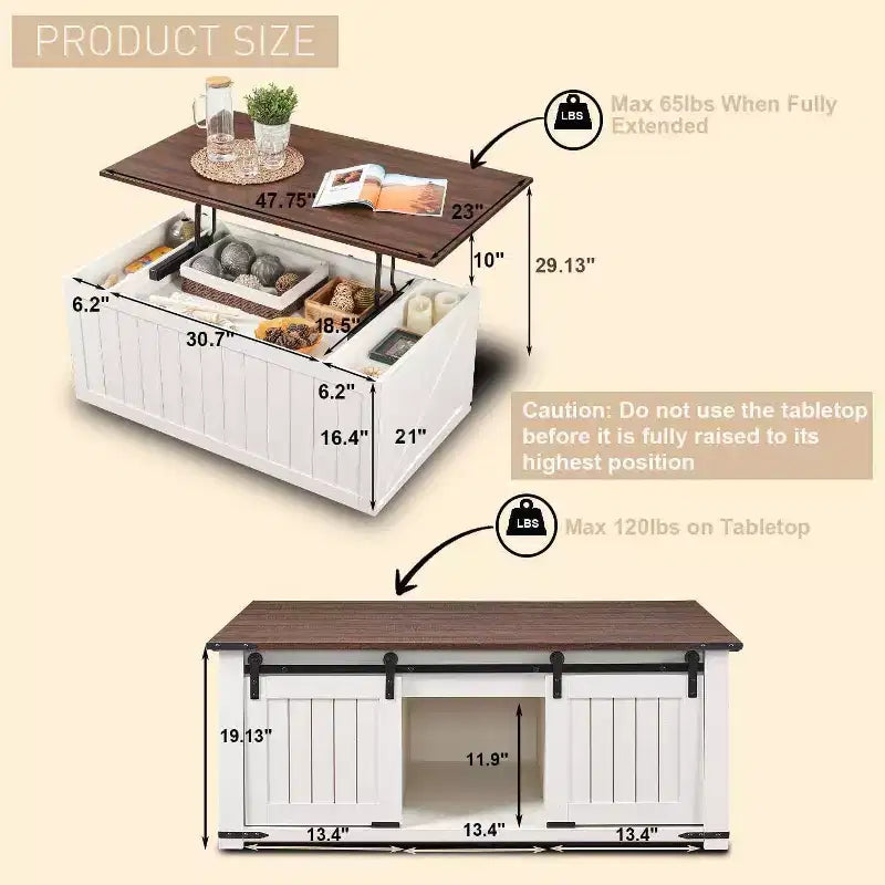 Tavolino da caffè Farmhouse 48 con ripiano sollevabile e anta scorrevole a grana di legno, tavolino da caffè per soggiorno