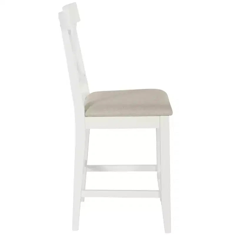 Set Sala da Pranzo 5 Pezzi Stile Fattoria Altezza Bancone con 4 Sedie Imbottite e Scaffali a 3 Ripiani, Grigio/Naturale+Bianco