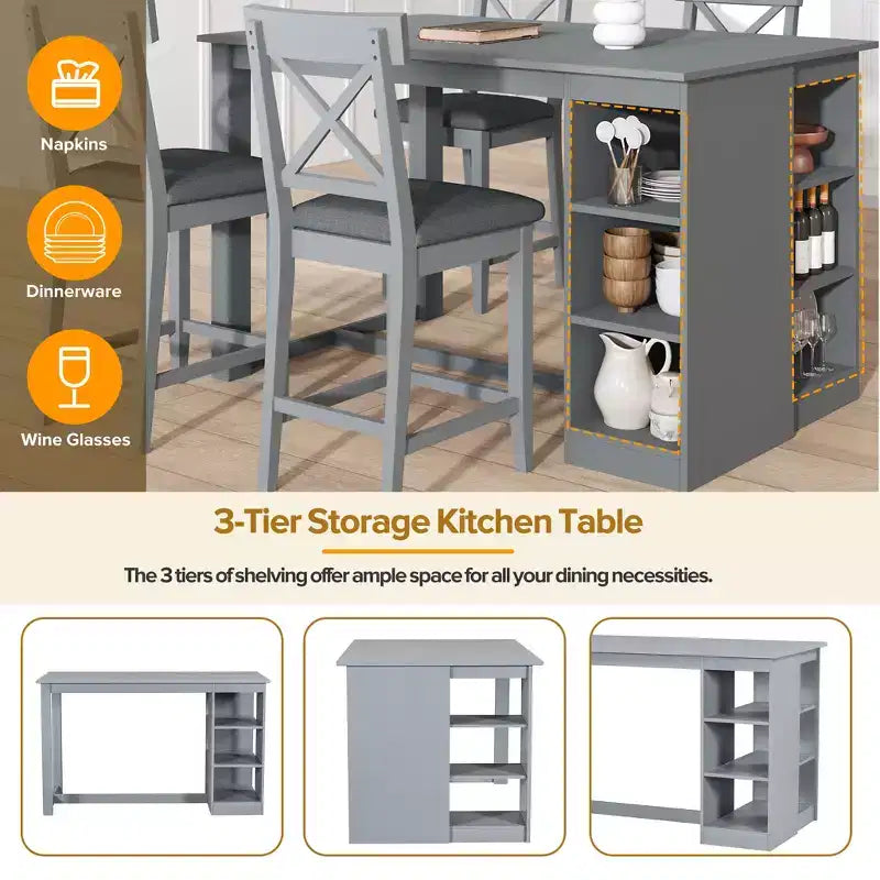 Set Sala da Pranzo 5 Pezzi Stile Fattoria Altezza Bancone con 4 Sedie Imbottite e Scaffali a 3 Ripiani, Grigio/Naturale+Bianco