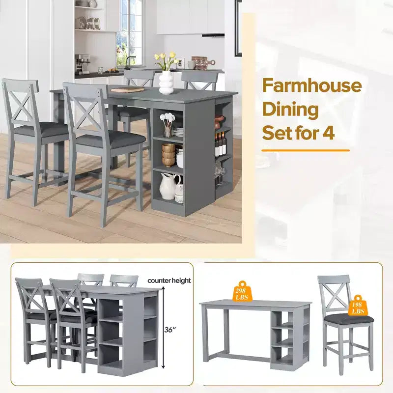 Set Sala da Pranzo 5 Pezzi Stile Fattoria Altezza Bancone con 4 Sedie Imbottite e Scaffali a 3 Ripiani, Grigio/Naturale+Bianco