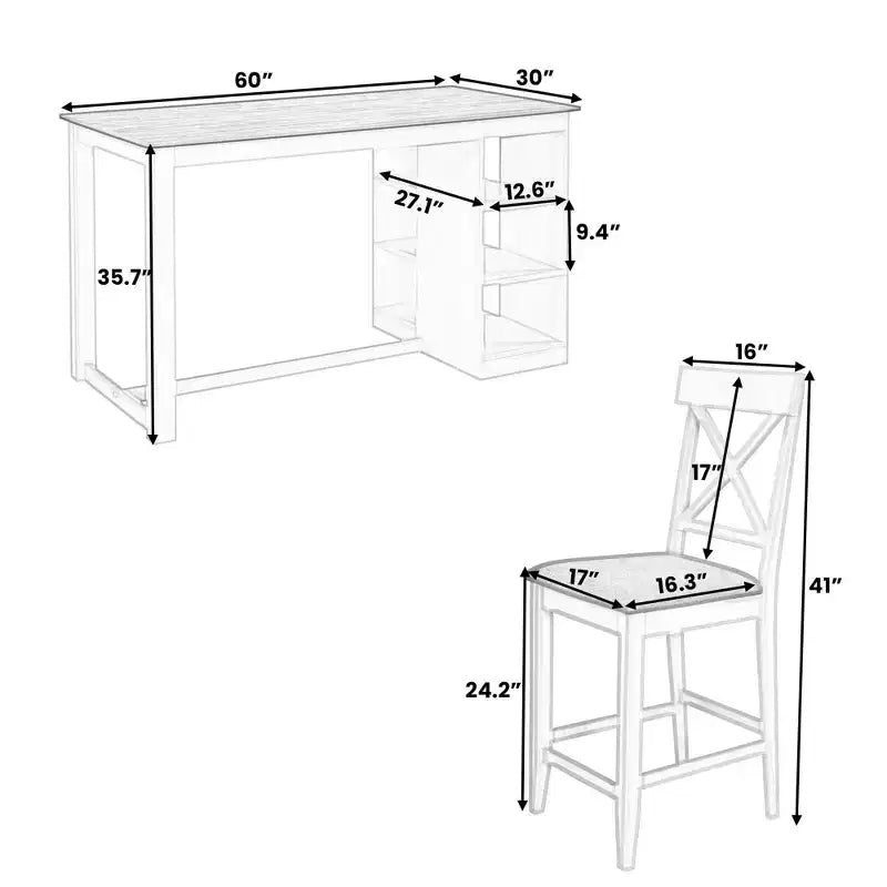 Set Sala da Pranzo 5 Pezzi Stile Fattoria Altezza Bancone con 4 Sedie Imbottite e Scaffali a 3 Ripiani, Grigio/Naturale+Bianco