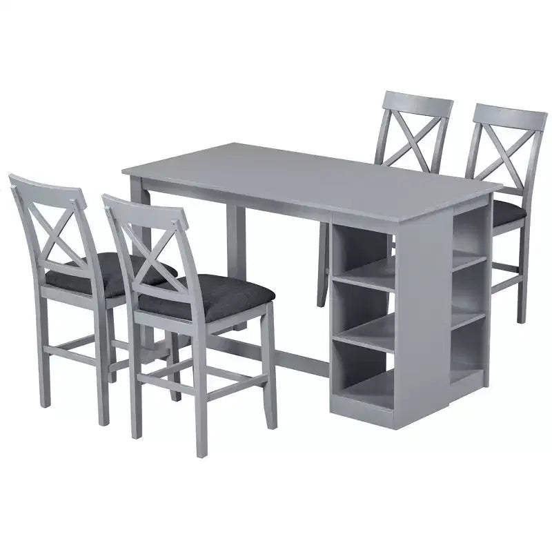Set Sala da Pranzo 5 Pezzi Stile Fattoria Altezza Bancone con 4 Sedie Imbottite e Scaffali a 3 Ripiani, Grigio/Naturale+Bianco