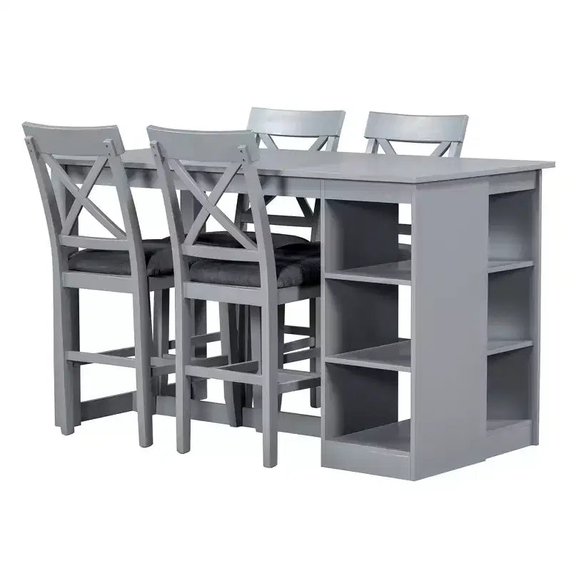 Set Sala da Pranzo 5 Pezzi Stile Fattoria Altezza Bancone con 4 Sedie Imbottite e Scaffali a 3 Ripiani, Grigio/Naturale+Bianco