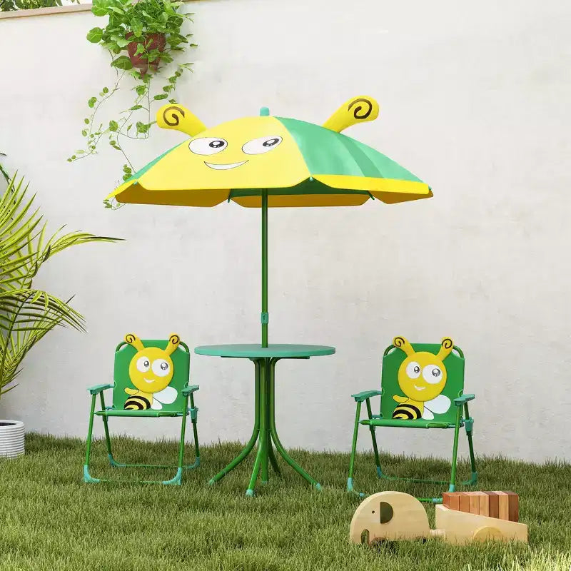 Set tavolo e sedie da picnic per bambini, tavolo per attività all'aperto con 2 sedie pieghevoli, ombrellone rimovibile, per giardino, cortile