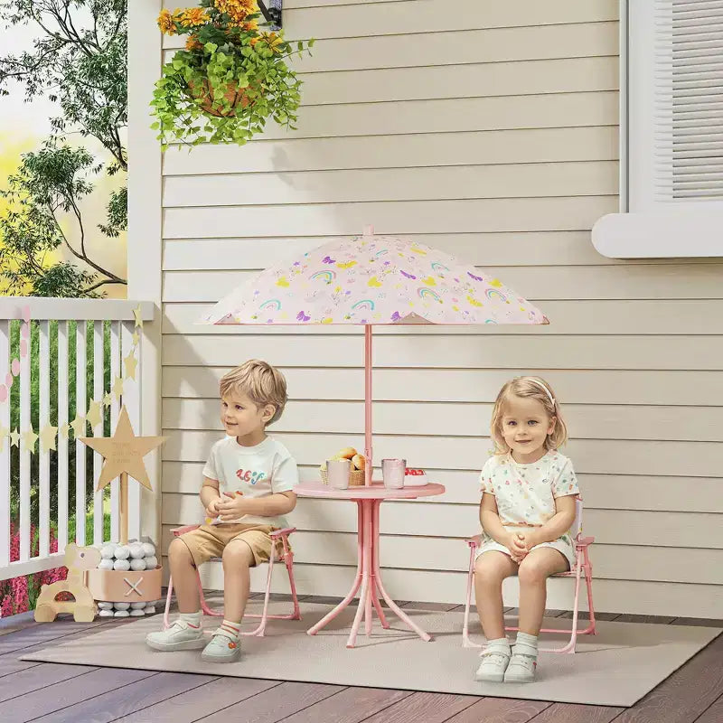 Set tavolo e sedie da picnic per bambini, tavolo per attività all'aperto con 2 sedie pieghevoli, ombrellone rimovibile, per giardino, cortile