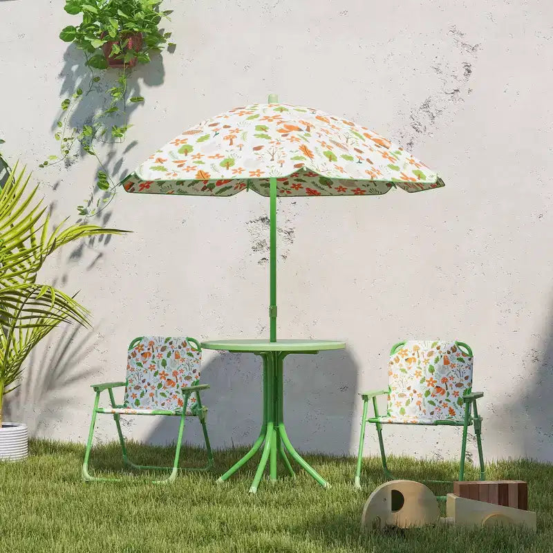 Set tavolo e sedie da picnic per bambini, tavolo per attività all'aperto con 2 sedie pieghevoli, ombrellone rimovibile, per giardino, cortile