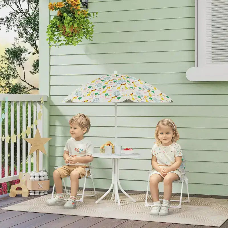Set tavolo e sedie da picnic per bambini, tavolo per attività all'aperto con 2 sedie pieghevoli, ombrellone rimovibile, per giardino, cortile