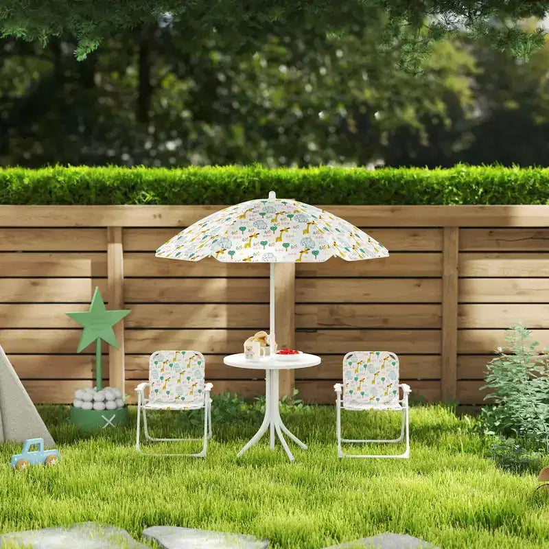 Set tavolo e sedie da picnic per bambini, tavolo per attività all'aperto con 2 sedie pieghevoli, ombrellone rimovibile, per giardino, cortile