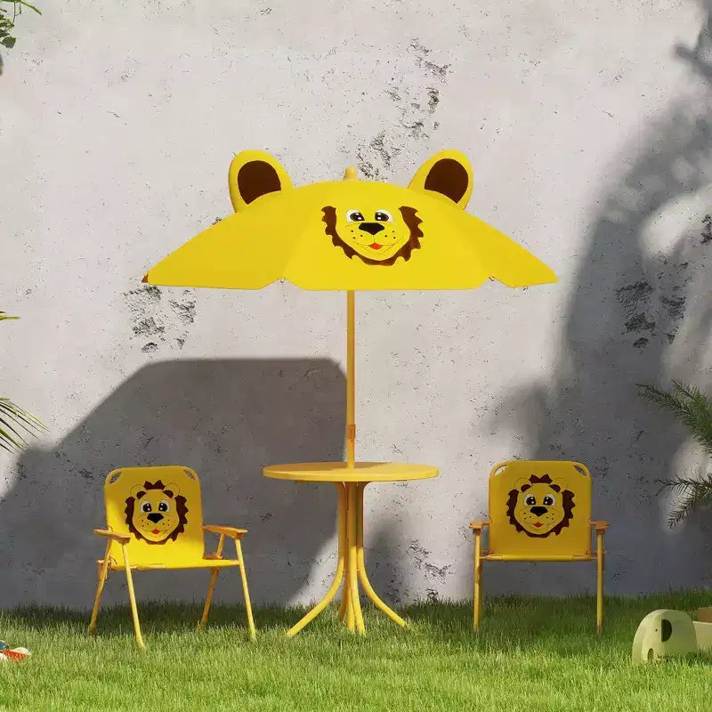 Set tavolo e sedie da picnic per bambini, tavolo per attività all'aperto con 2 sedie pieghevoli, ombrellone rimovibile, per giardino, cortile