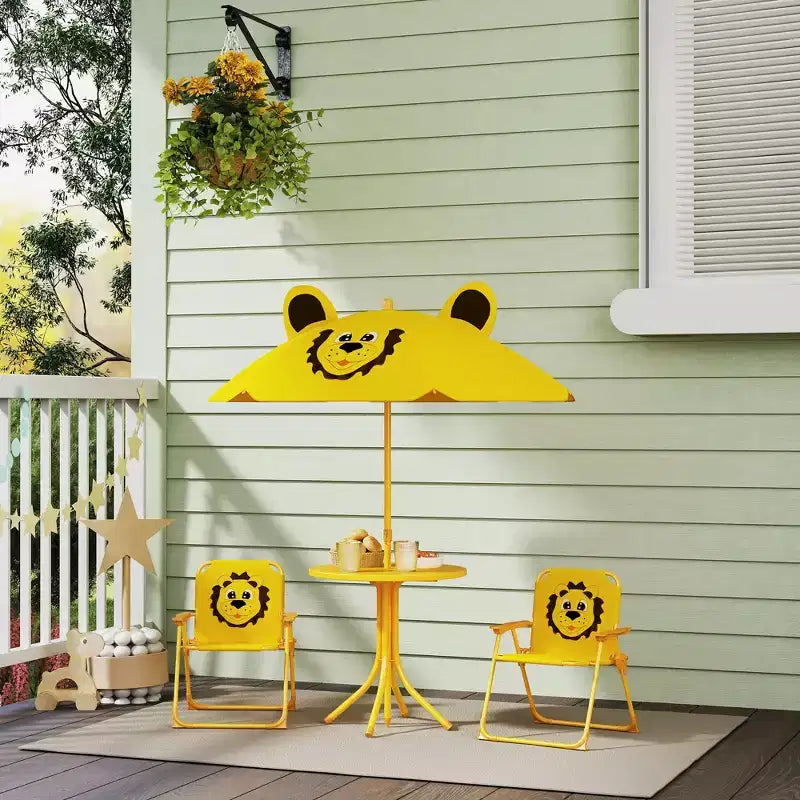 Set tavolo e sedie da picnic per bambini, tavolo per attività all'aperto con 2 sedie pieghevoli, ombrellone rimovibile, per giardino, cortile
