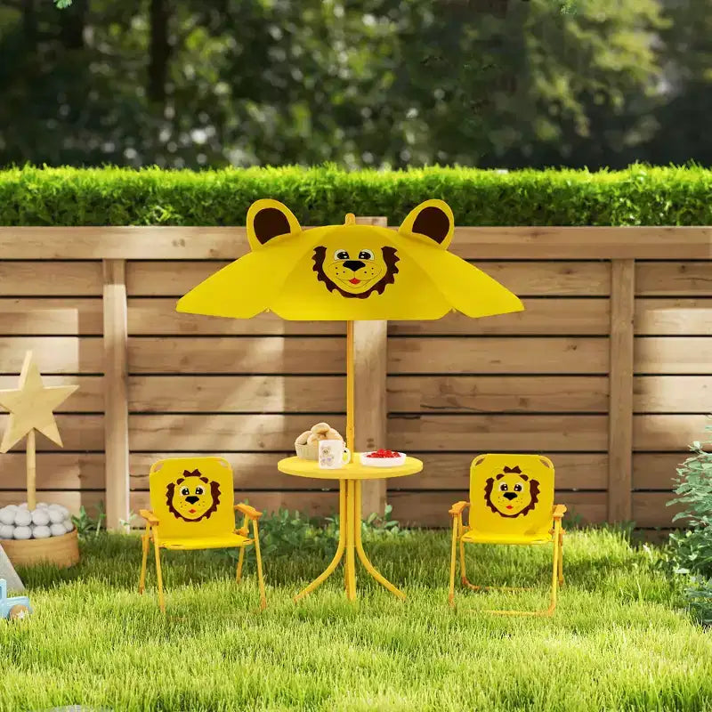 Set tavolo e sedie da picnic per bambini, tavolo per attività all'aperto con 2 sedie pieghevoli, ombrellone rimovibile, per giardino, cortile