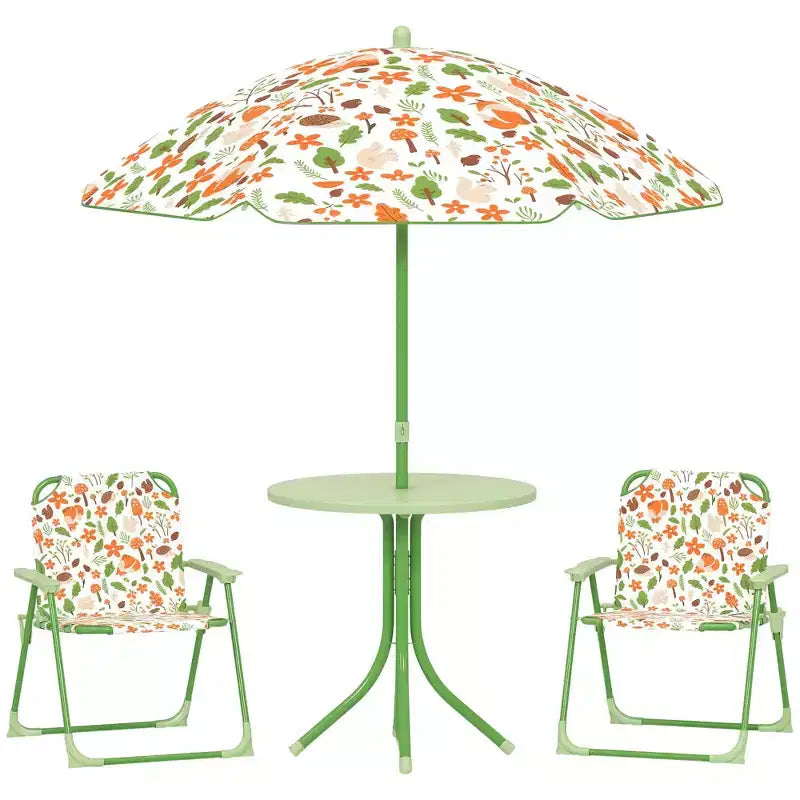 Qaba Kids Picnic Table and Chair Set, Outdoor Activity Table with 2 Foldable Chairs, Removable Umbrella, for Backyard, Garden