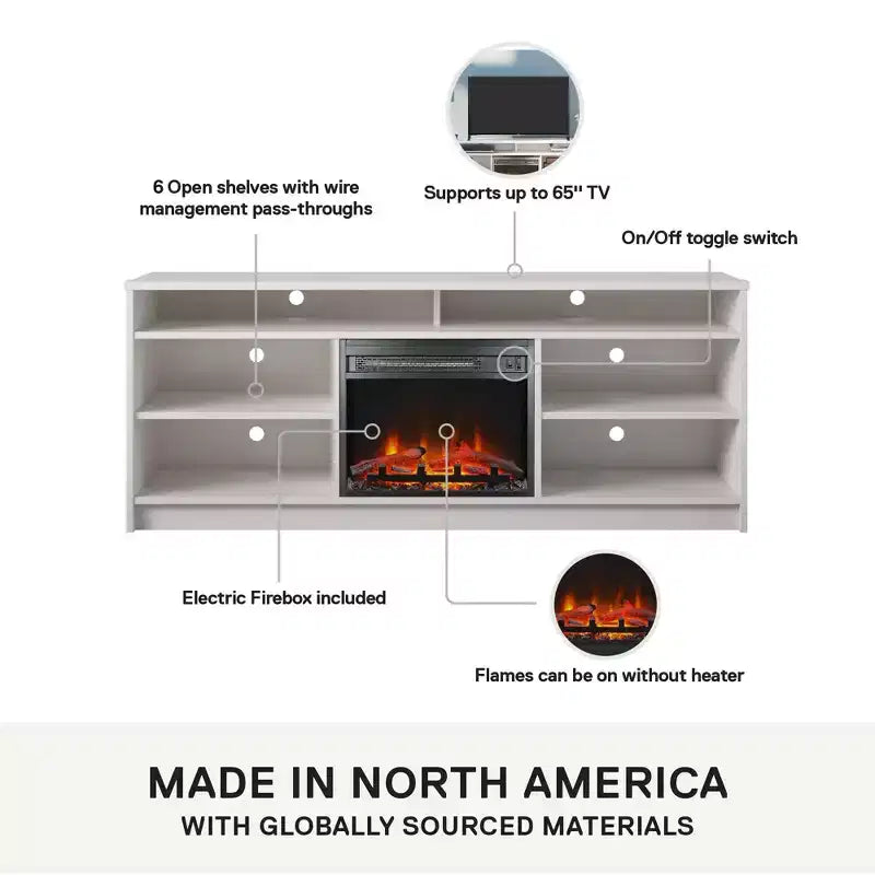 Mobile TV Ameriwood Home Hendrix 65 con camino elettrico integrato e 6 ripiani