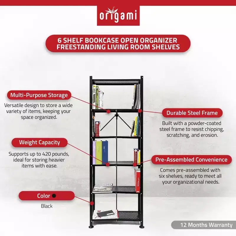 Libreria Origami 3 pezzi a 6 ripiani, organizer aperto indipendente grande scaffale moderno per soggiorno, mobile verticale, nessun assemblaggio richiesto, nero
