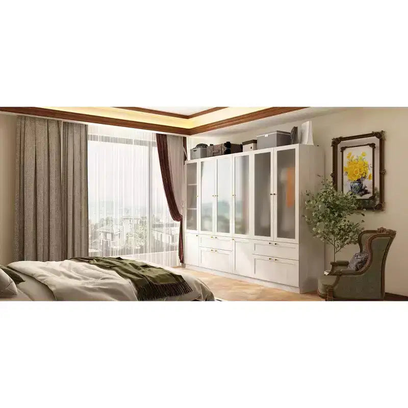 Armadio moderno Hitow, colore grigio, ante in vetro smerigliato, finitura effetto legno, stile crema
