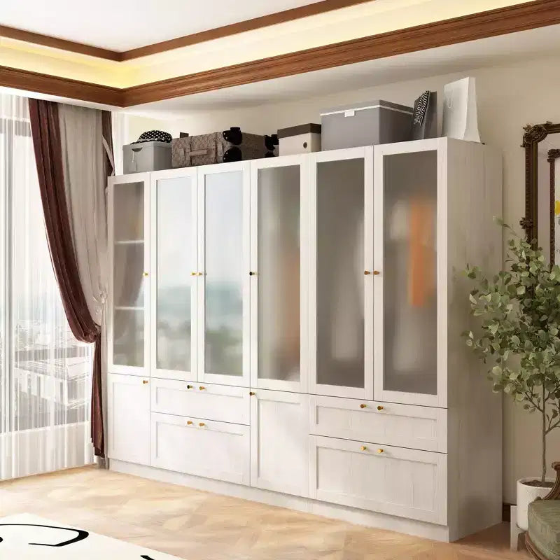 Armadio moderno Hitow, colore grigio, ante in vetro smerigliato, finitura effetto legno, stile crema
