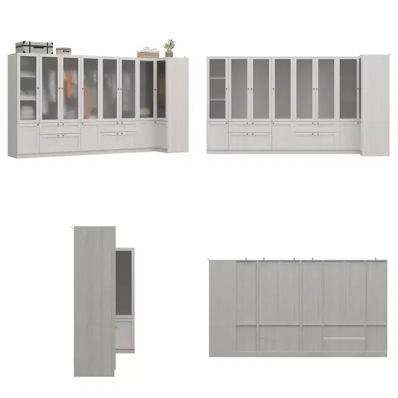Armadio moderno Hitow, colore grigio, ante in vetro smerigliato, finitura effetto legno, stile crema