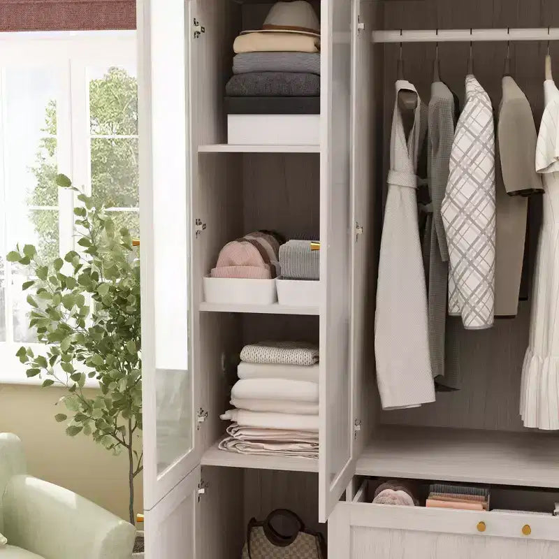 Armadio moderno Hitow, colore grigio, ante in vetro smerigliato, finitura effetto legno, stile crema