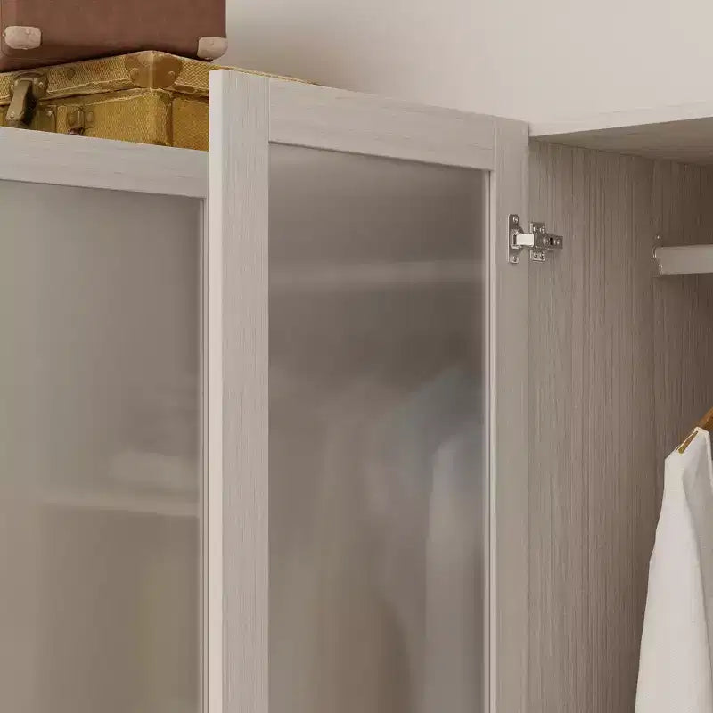 Armadio moderno Hitow, colore grigio, ante in vetro smerigliato, finitura effetto legno, stile crema