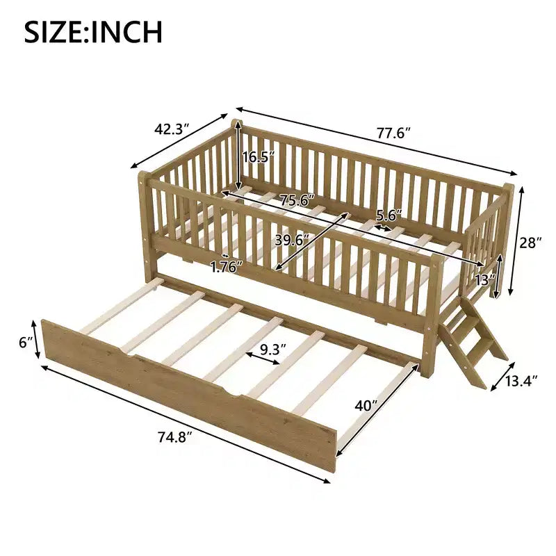 Letto a piattaforma in legno Whisen con sponde e 2 cassetti, misura singola