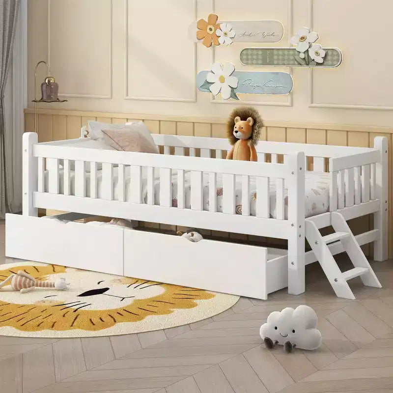 Letto a piattaforma in legno Whisen con sponde e 2 cassetti, misura singola
