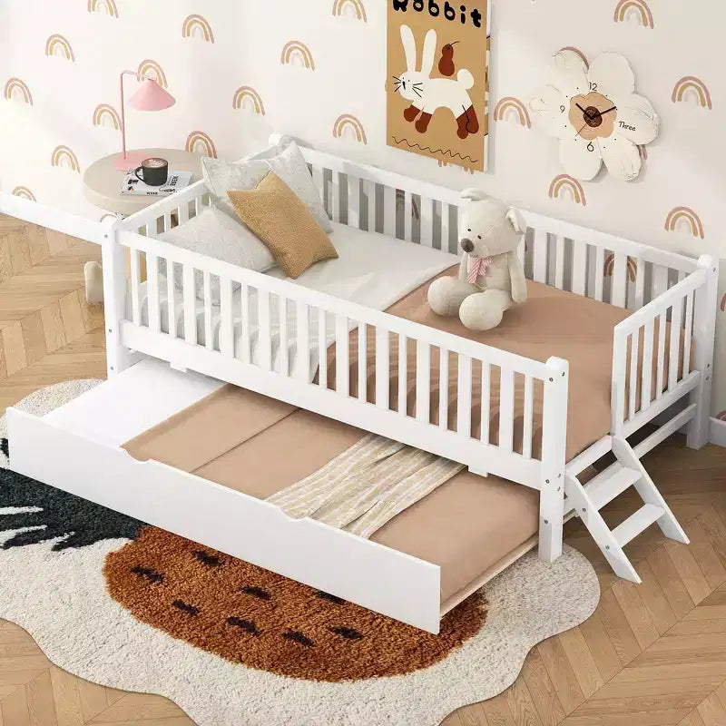 Letto a piattaforma in legno Whisen con sponde e 2 cassetti, misura singola