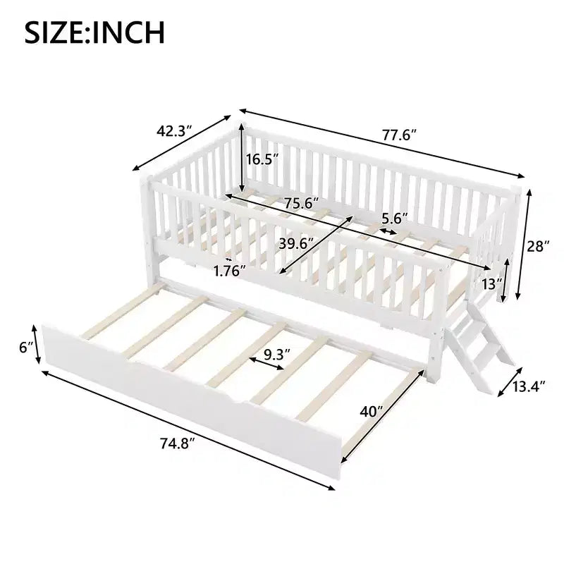 Letto a piattaforma in legno Whisen con sponde e 2 cassetti, misura singola