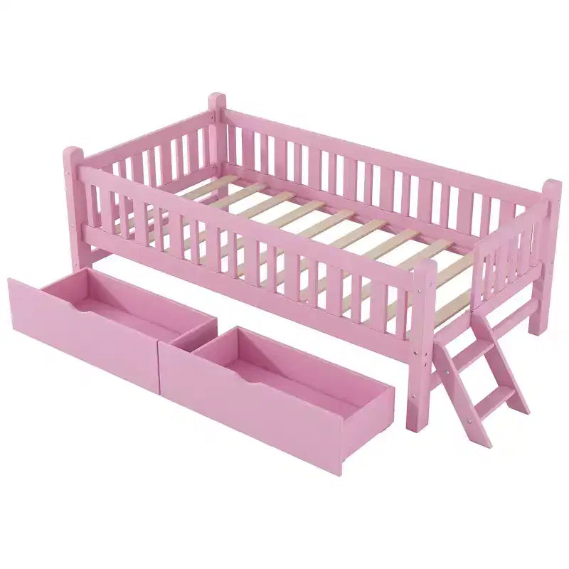 Letto a piattaforma in legno Whisen con sponde e 2 cassetti, misura singola