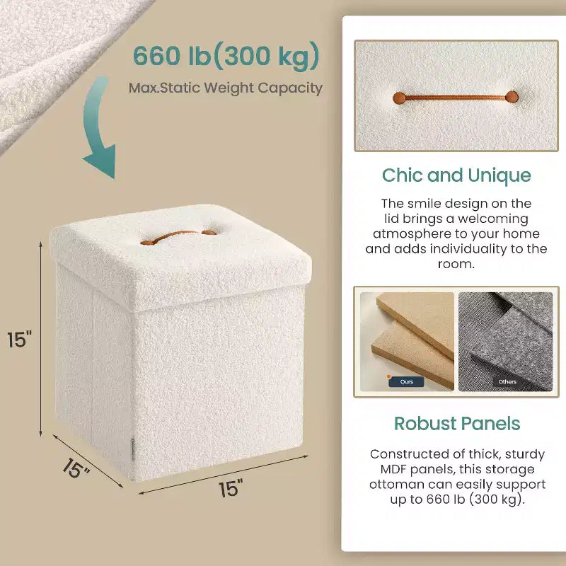 LEDREM Pouf Pieghevole con Contenitore Nascosto, Sgabello Poggiapiedi Cubo da 38 cm, Capacità di Carico 300 kg