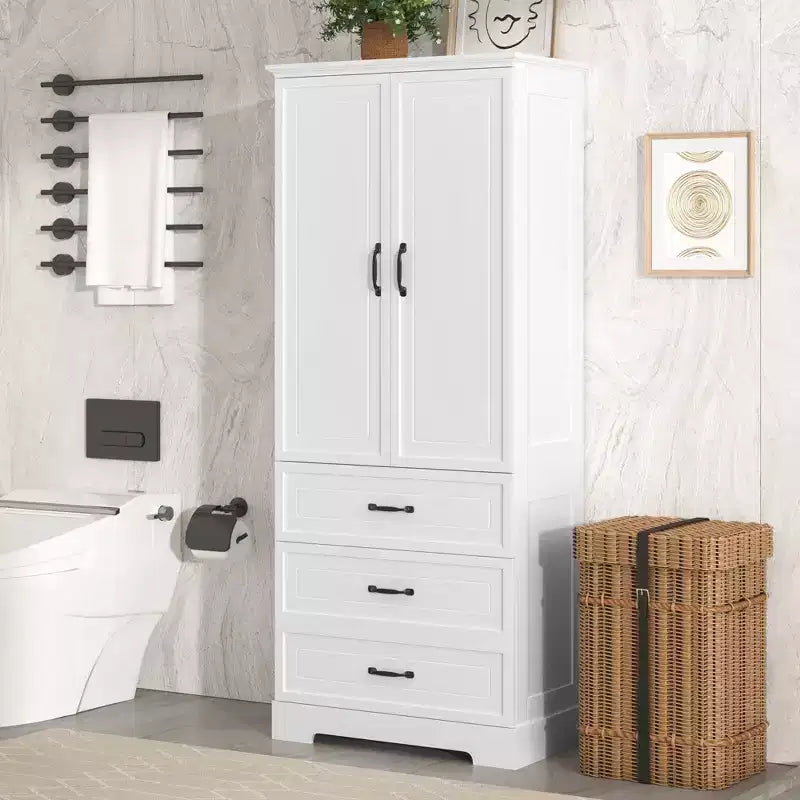Whisen Armadietto alto da bagno bianco, Armadietto grande con ante doppie, cassetti e ripiano regolabile