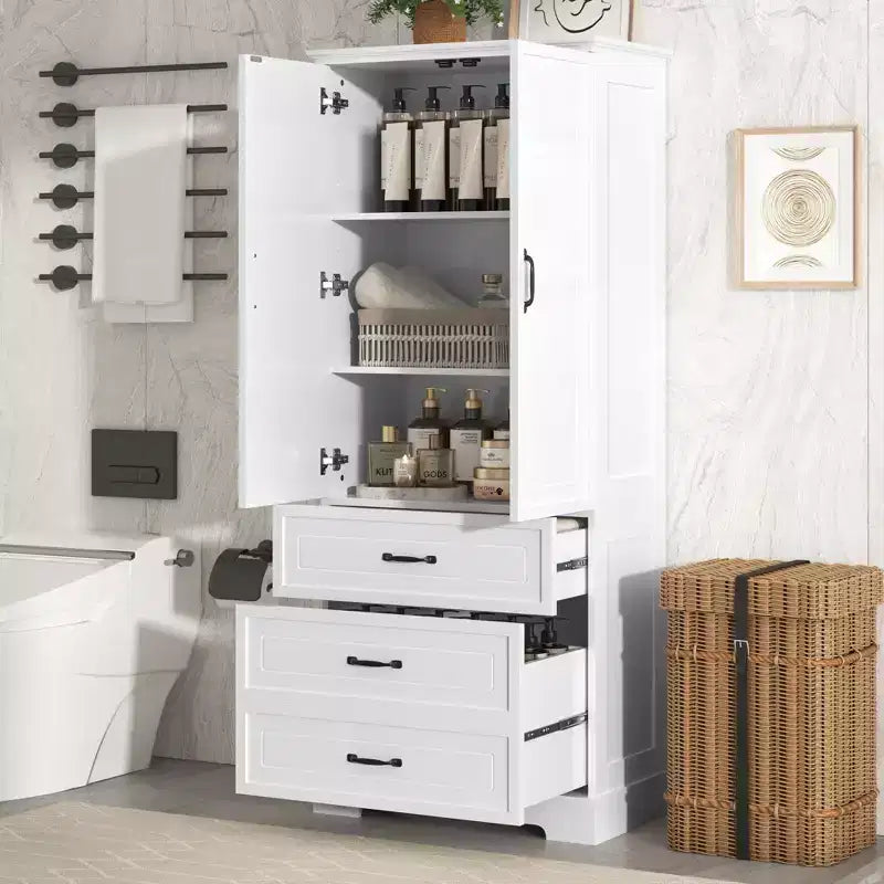 Whisen Armadietto alto da bagno bianco, Armadietto grande con ante doppie, cassetti e ripiano regolabile