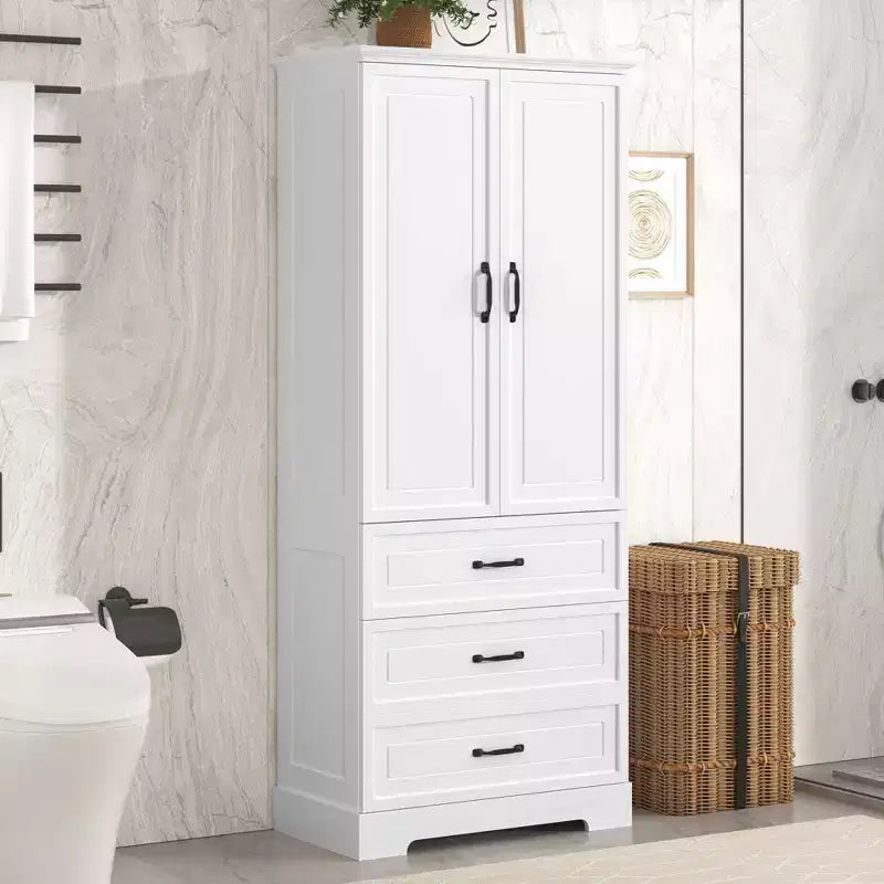 Whisen Armadietto alto da bagno bianco, Armadietto grande con ante doppie, cassetti e ripiano regolabile