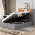 Full/Queen Size Hydraulic Platform Bed with Storage LED Headboard, Charging Station, 2 Drawers and Under-Bed Storage Space, White/Gray-ModernLuxe