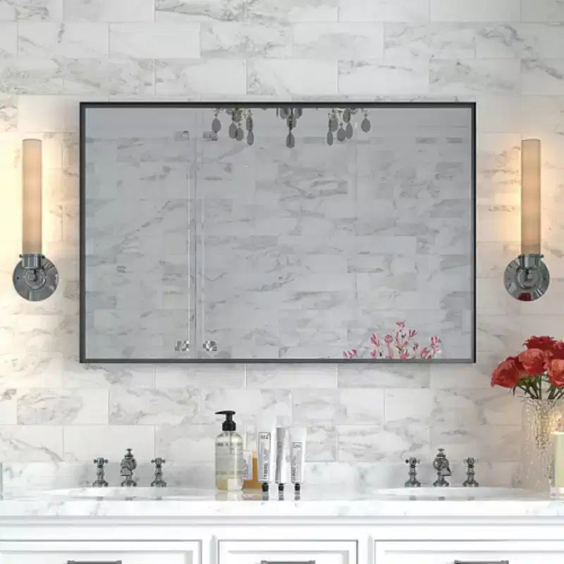 Specchio da Bagno Nero Lucido 36x30 pollici per Parete Specchio da Trucco Rettangolare da Angolo Specchio da Fattoria Specchio Rettangolare Moderno con Cornice in Metallo
