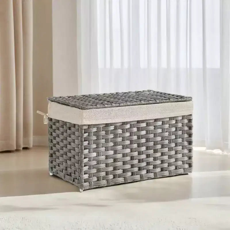 Cesto portaoggetti da 65 litri con coperchio. Questo contenitore pieghevole intrecciato con manici e telaio in metallo è dotato di una fodera rimovibile.