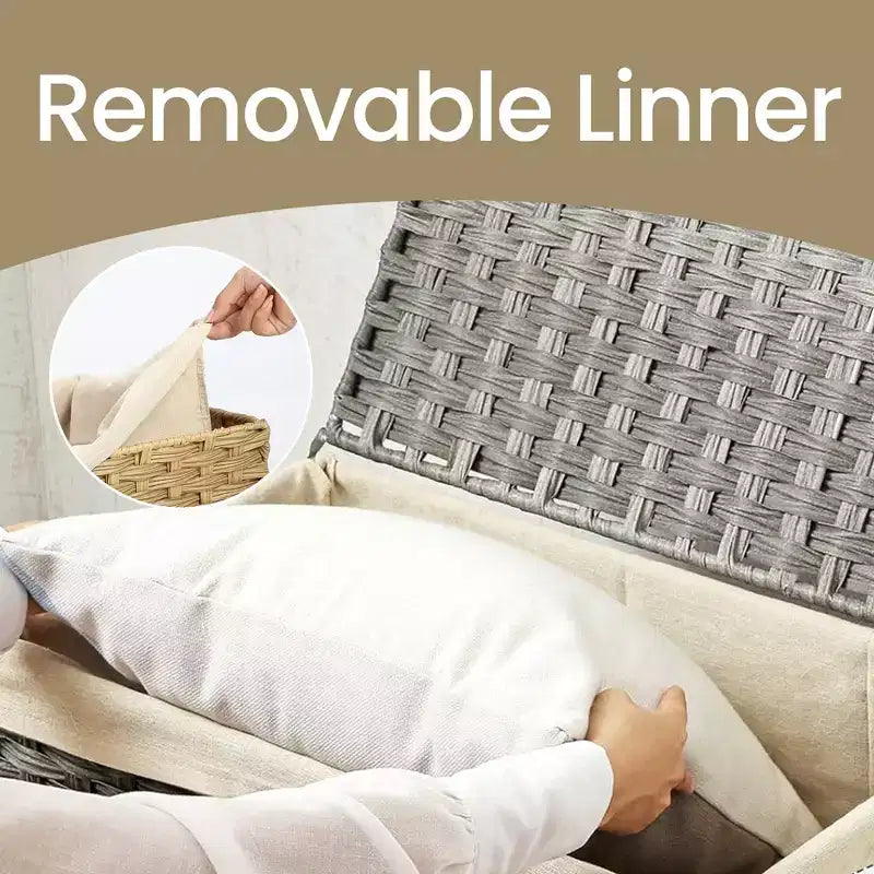 Cesto portaoggetti da 65 litri con coperchio. Questo contenitore pieghevole intrecciato con manici e telaio in metallo è dotato di una fodera rimovibile.