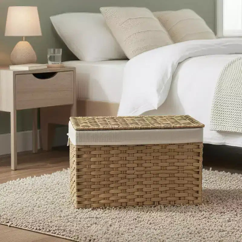 Cesto portaoggetti da 65 litri con coperchio. Questo contenitore pieghevole intrecciato con manici e telaio in metallo è dotato di una fodera rimovibile.