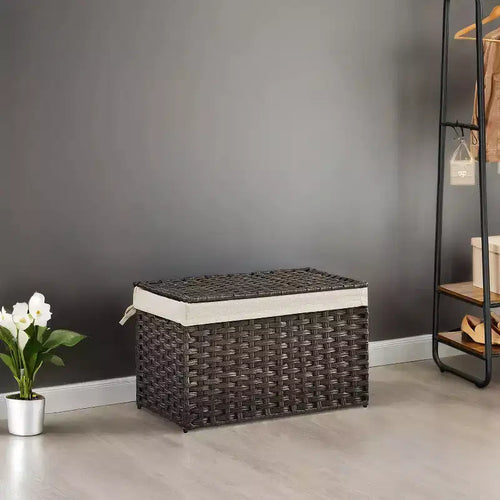 Cesto portaoggetti da 65 litri con coperchio. Questo contenitore pieghevole intrecciato con manici e telaio in metallo è dotato di una fodera rimovibile.