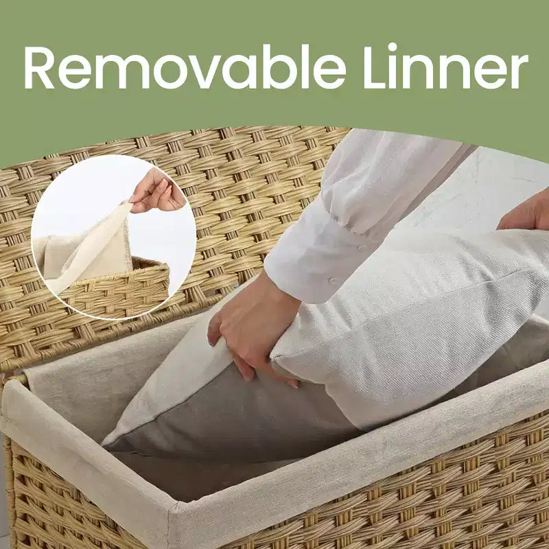 Cesto portaoggetti da 65 litri con coperchio. Questo contenitore pieghevole intrecciato con manici e telaio in metallo è dotato di una fodera rimovibile.