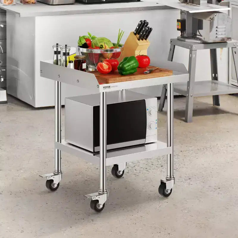 VEVOR Tavolo da Lavoro in Acciaio Inox, Tavolo da Lavoro Commerciale per la Preparazione degli Alimenti da 61 x 61 x 76 cm con 4 Ruote, Rotelle, Paraspruzzi su 3 Lati, Tavolo da Lavoro Resistente