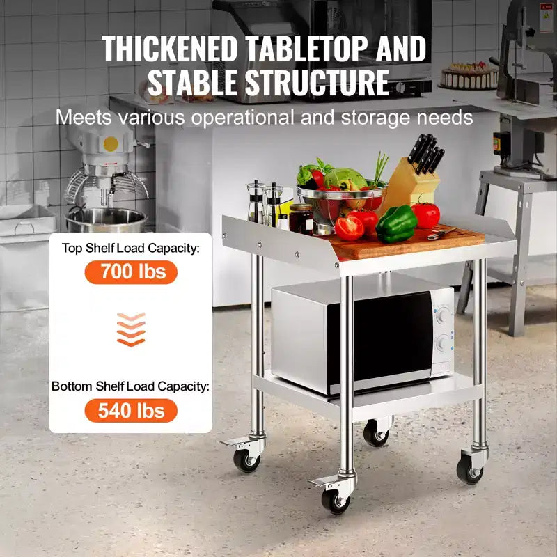 VEVOR Tavolo da Lavoro in Acciaio Inox, Tavolo da Lavoro Commerciale per la Preparazione degli Alimenti da 61 x 61 x 76 cm con 4 Ruote, Rotelle, Paraspruzzi su 3 Lati, Tavolo da Lavoro Resistente