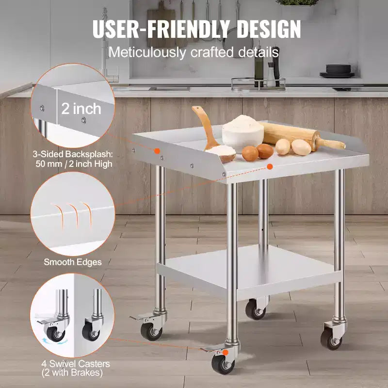 VEVOR Tavolo da Lavoro in Acciaio Inox, Tavolo da Lavoro Commerciale per la Preparazione degli Alimenti da 61 x 61 x 76 cm con 4 Ruote, Rotelle, Paraspruzzi su 3 Lati, Tavolo da Lavoro Resistente