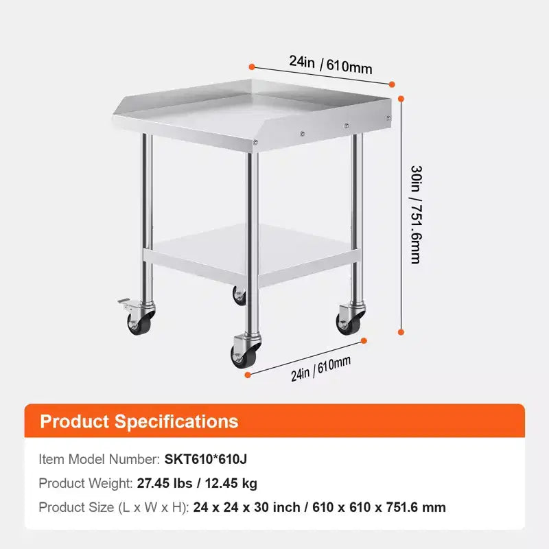 VEVOR Tavolo da Lavoro in Acciaio Inox, Tavolo da Lavoro Commerciale per la Preparazione degli Alimenti da 61 x 61 x 76 cm con 4 Ruote, Rotelle, Paraspruzzi su 3 Lati, Tavolo da Lavoro Resistente